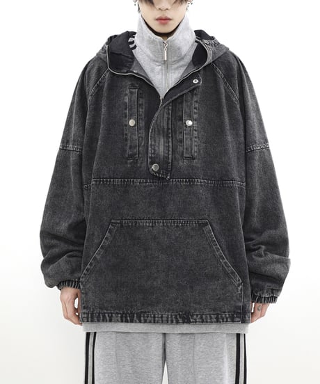 VINTAGE WASH HALF-ZIP DENIM HOODIE