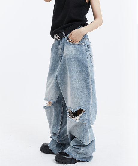 VINTAGE WASH LOOSE DAMAGED JEANS