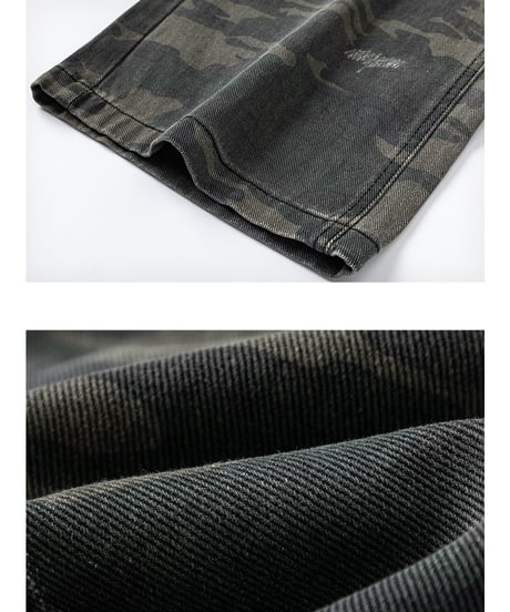 LAYERED CAMO DAMAGE DENIM