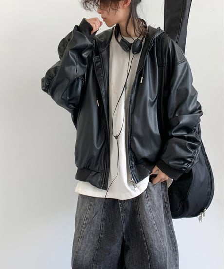 FAUX LEATHER HOODED BLOUSON