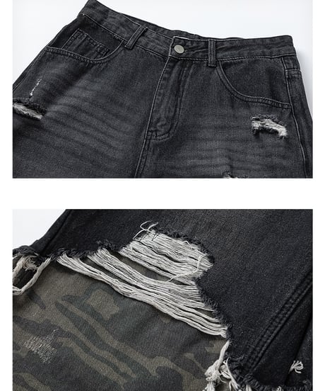 LAYERED CAMO DAMAGE DENIM