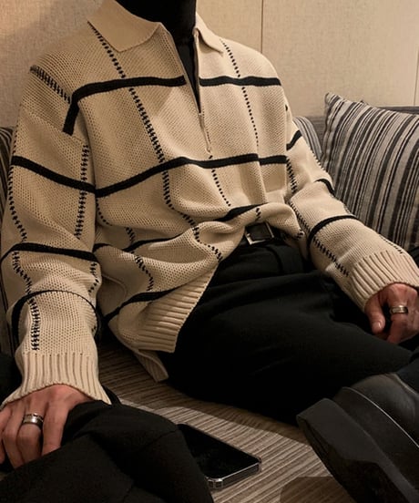 HALF-ZIP CHECK KNIT POLO /2color