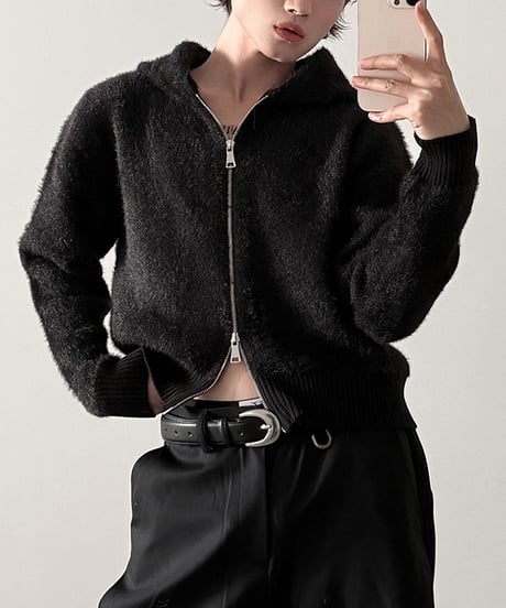 W-ZIP SHAGGY KNIT HOODIE /2color