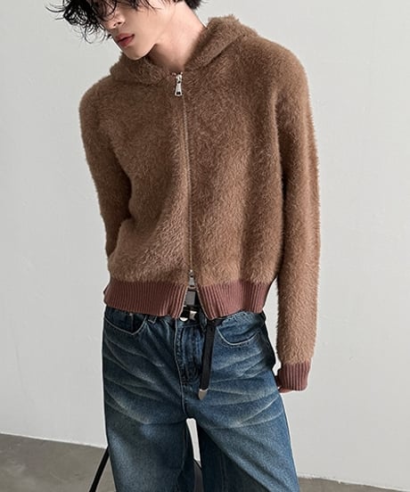 W-ZIP SHAGGY KNIT HOODIE /2color