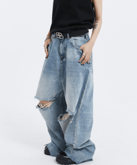 VINTAGE WASH LOOSE DAMAGED JEANS