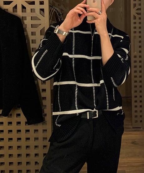 HALF-ZIP CHECK KNIT POLO /2color