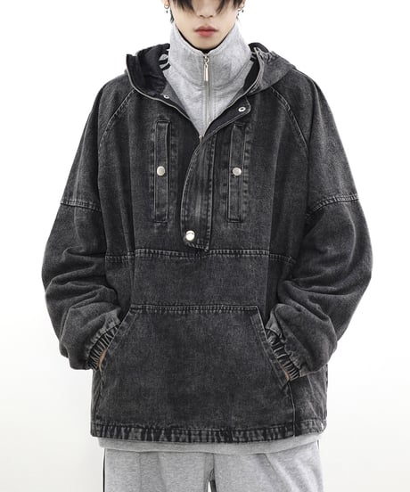 VINTAGE WASH HALF-ZIP DENIM HOODIE