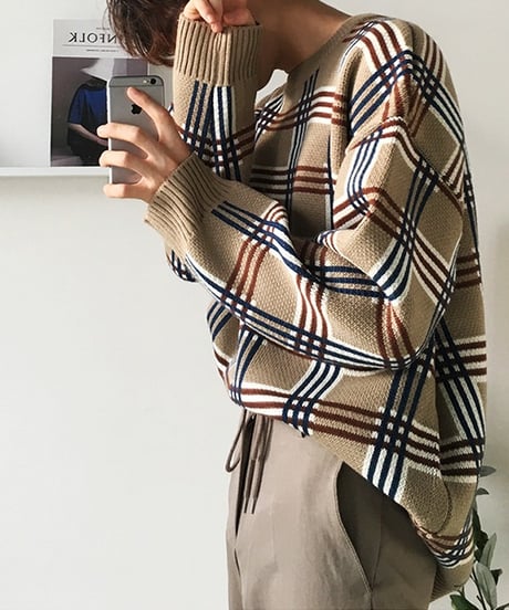 PLAID LOOSE KNIT PULLOVER