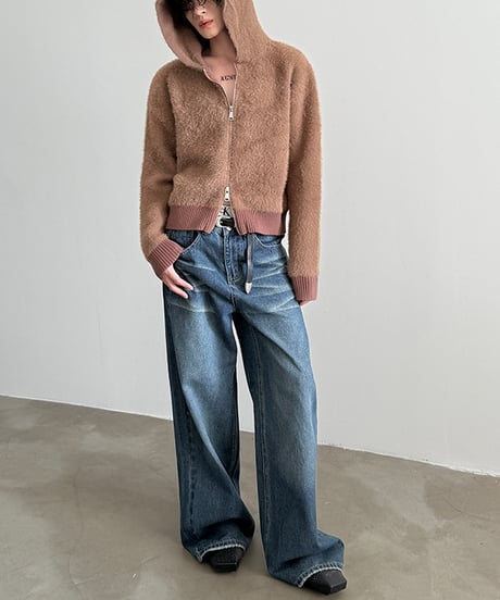 W-ZIP SHAGGY KNIT HOODIE /2color