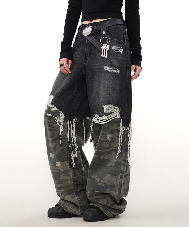 ★超〜ボリューム 迷彩×グレー×ブラックMIX リメイクデニム ５段ティアード★ ♾remade collection♾ reworked wide denim pants
