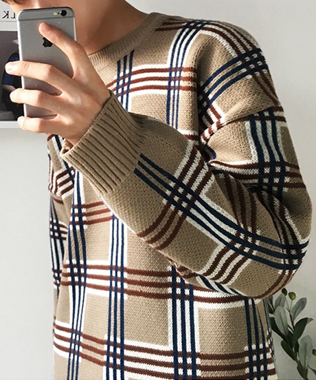 PLAID LOOSE KNIT PULLOVER