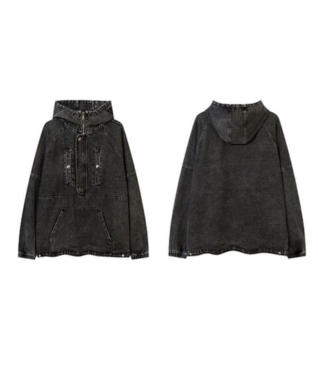 VINTAGE WASH HALF-ZIP DENIM HOODIE