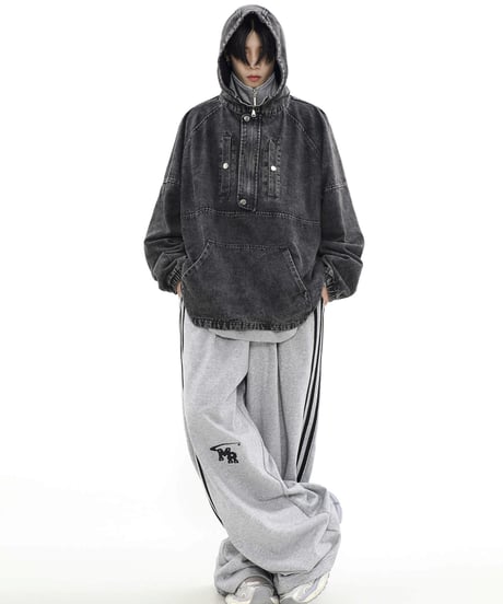 VINTAGE WASH HALF-ZIP DENIM HOODIE