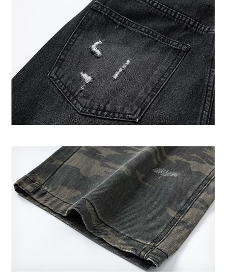 LAYERED CAMO DAMAGE DENIM