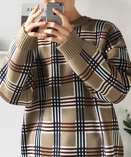 PLAID LOOSE KNIT PULLOVER