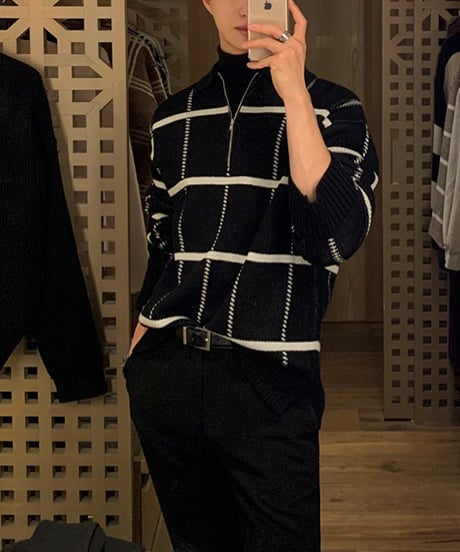 HALF-ZIP CHECK KNIT POLO /2color