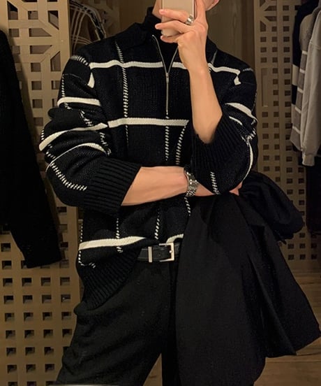 HALF-ZIP CHECK KNIT POLO /2color