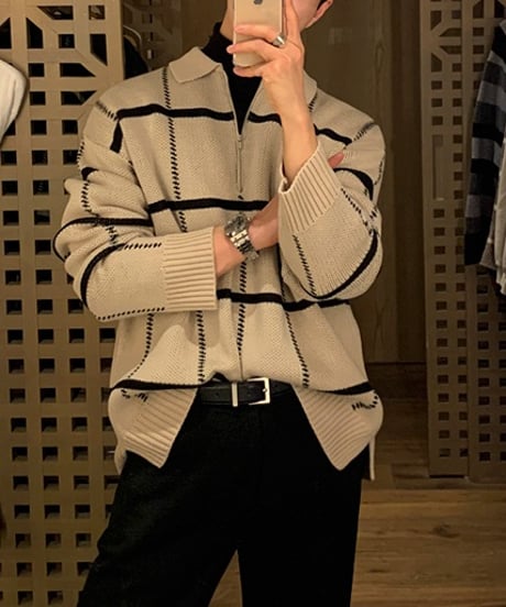 HALF-ZIP CHECK KNIT POLO /2color