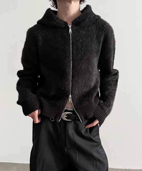 W-ZIP SHAGGY KNIT HOODIE /2color