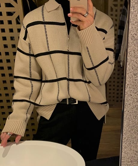 HALF-ZIP CHECK KNIT POLO /2color
