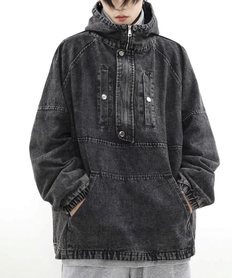VINTAGE WASH HALF-ZIP DENIM HOODIE