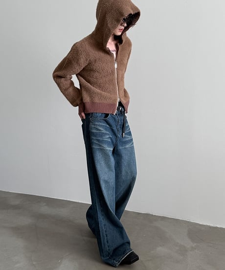W-ZIP SHAGGY KNIT HOODIE /2color