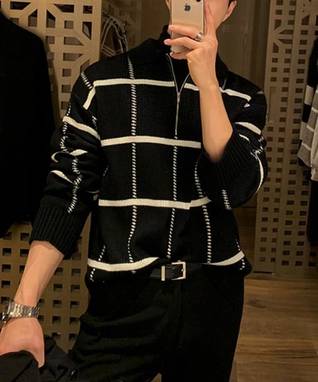 HALF-ZIP CHECK KNIT POLO /2color