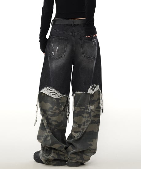 LAYERED CAMO DAMAGE DENIM