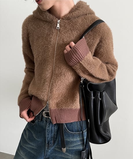 W-ZIP SHAGGY KNIT HOODIE /2color