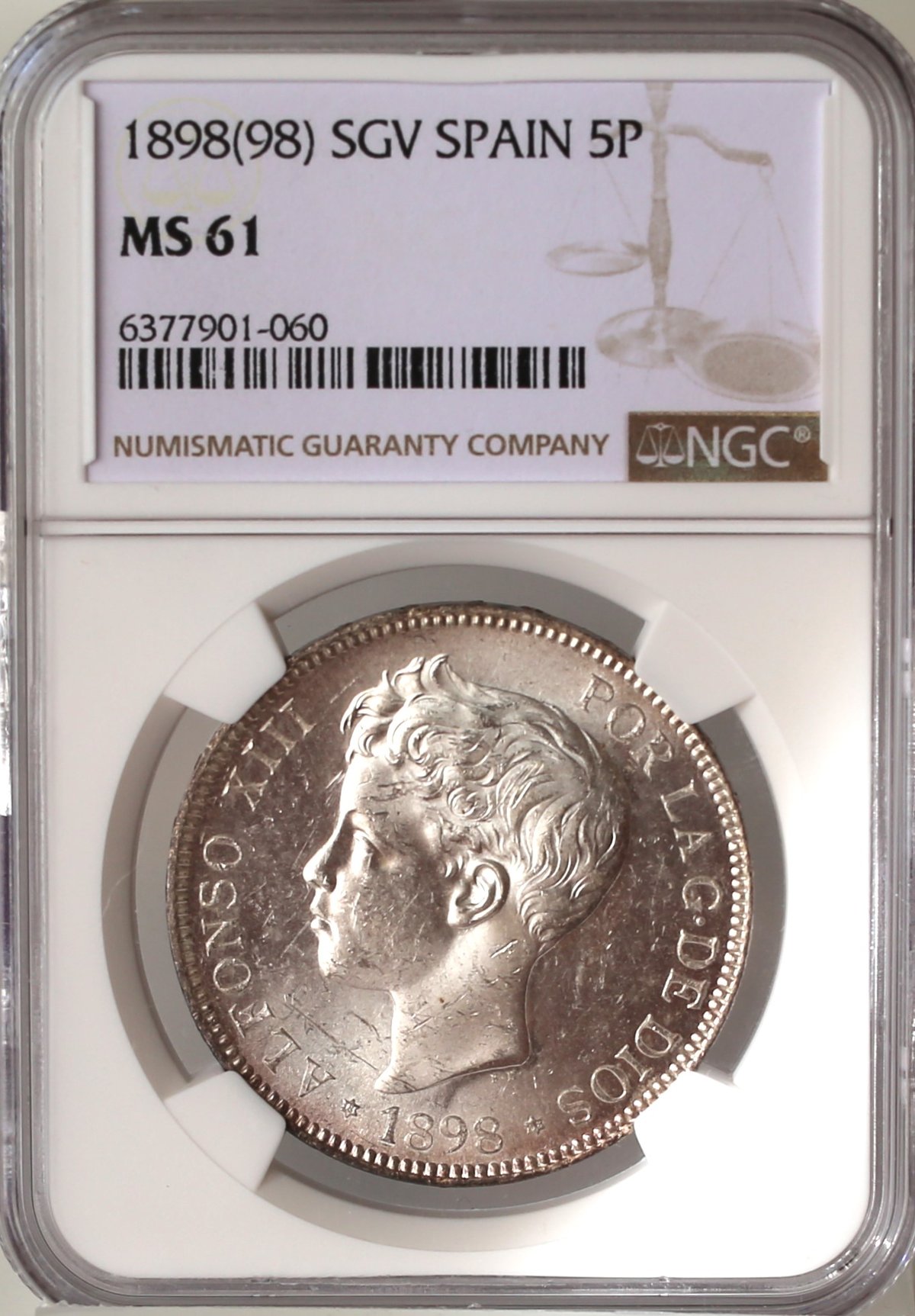 1891-PG Ｍ アルフォンソ13世年5ペセタ大型銀貨 PCGS認証 1898 スペイン 5ペセタ銀貨 アルフォンソ13世 NGC MS61 大型銀貨 | Coin