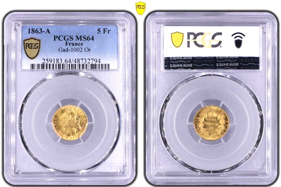 PCGS準最高鑑定品】1863年 フランス ナポレオン3世 5フラン金貨 MS64