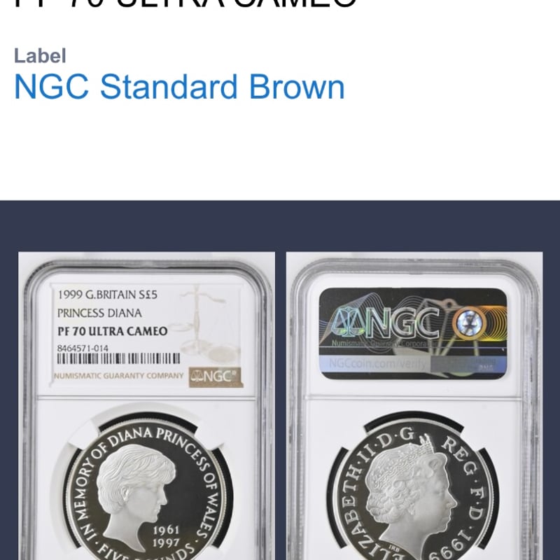 1999年 イギリス ダイアナ妃 追悼 5ポンド銀貨 NGC PF70 ULTRA