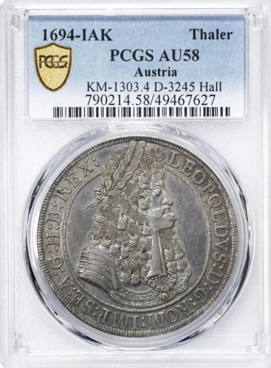 PCGS準最高鑑定】1694 オーストリア レオポルド1世 ターラー銀貨 AU58