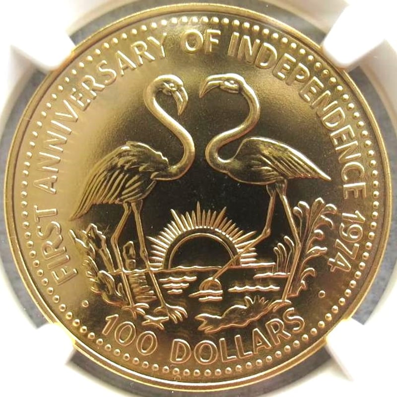 1974年バハマ独立1周年記念 フラミンゴ金貨 100ドル バハマ MS70 NGC