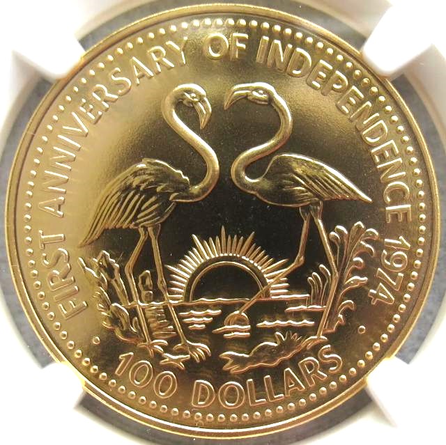 1974年バハマ独立1周年記念 フラミンゴ金貨 100ドル バハマ MS70 NGC