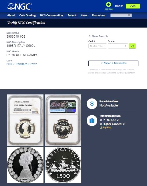 1995年 イタリア コロンブス 500リラ 銀貨 PF69 NGC 最高鑑定品