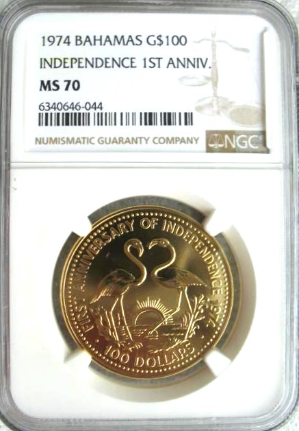 1974年バハマ独立1周年記念 フラミンゴ金貨 100ドル バハマ MS70 NGC