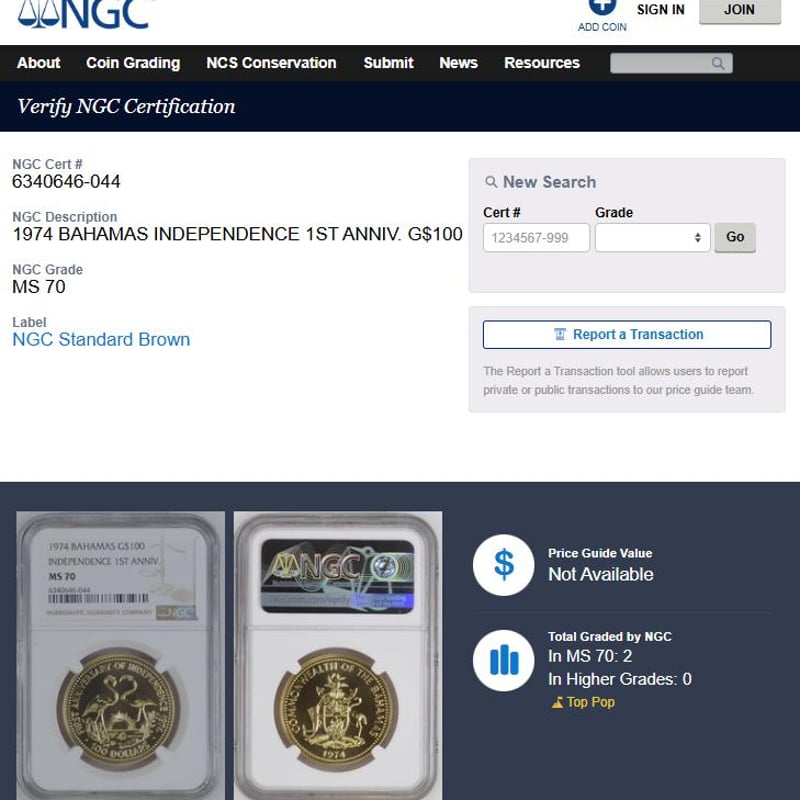 1974年バハマ独立1周年記念 フラミンゴ金貨 100ドル バハマ MS70 NGC