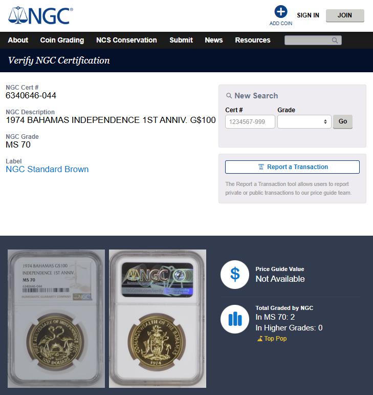 1974年バハマ独立1周年記念 フラミンゴ金貨 100ドル バハマ MS70 NGC