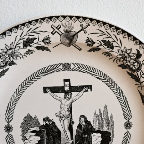 France Antique Montereau Plate/ フランス アンティーク モントロー グリザイユ キリストのプレート A