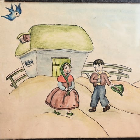 France Old Painting / フランス 古い絵 "緑の帽子の男の子と緑のショールの女の子”