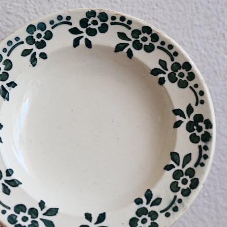 France Old Kids Pottery  / フランス アンティーク 緑の花柄のままごと皿 C