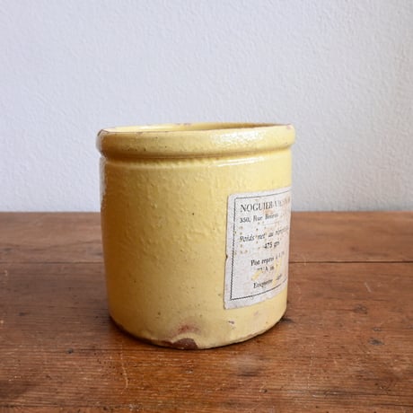 France Antique Confiture Pot Yellow Glaze / フランス アンティーク 南仏の黄釉のラベル付きコンフィチュールポット