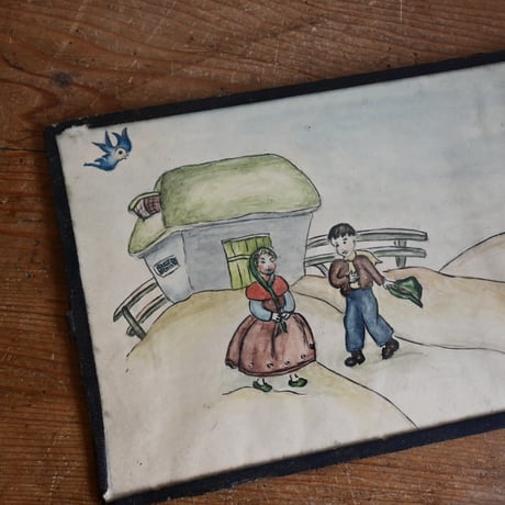 France Old Painting / フランス 古い絵 "緑の帽子の男の子と緑のショールの女の子”