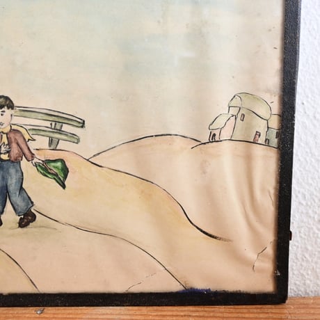 France Old Painting / フランス 古い絵 "緑の帽子の男の子と緑のショールの女の子”