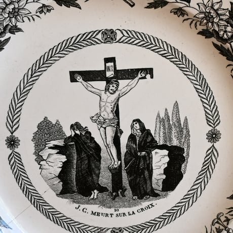France Antique Montereau Plate/ フランス アンティーク モントロー グリザイユ キリストのプレート A