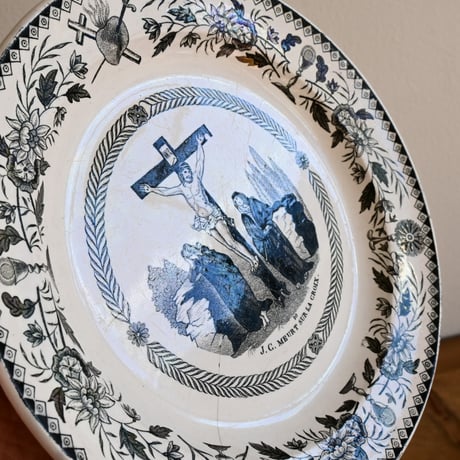 France Antique Montereau Plate/ フランス アンティーク モントロー グリザイユ キリストのプレート A