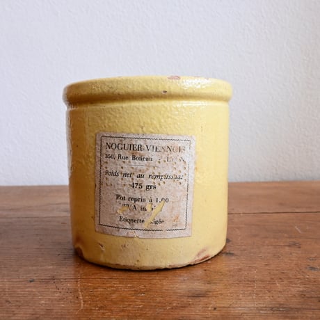 France Antique Confiture Pot Yellow Glaze / フランス アンティーク 南仏の黄釉のラベル付きコンフィチュールポット