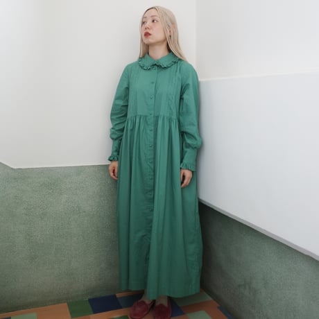 GO GO VINTAGE! TUCK FRILL DRESS -GREEN