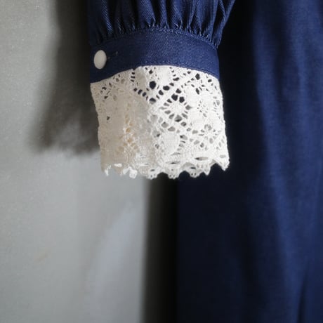 "walk happily" lace collar dress - navy